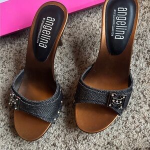 Angelina Metallic Black Slide Mules with Studded Buckle